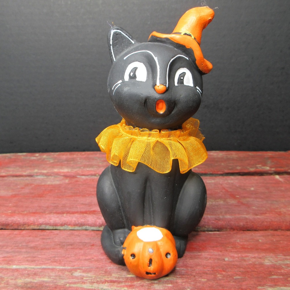 Vintage Style Halloween Black Cat Figurine Witch Hat Pumpkin Ruffle Collar Decor